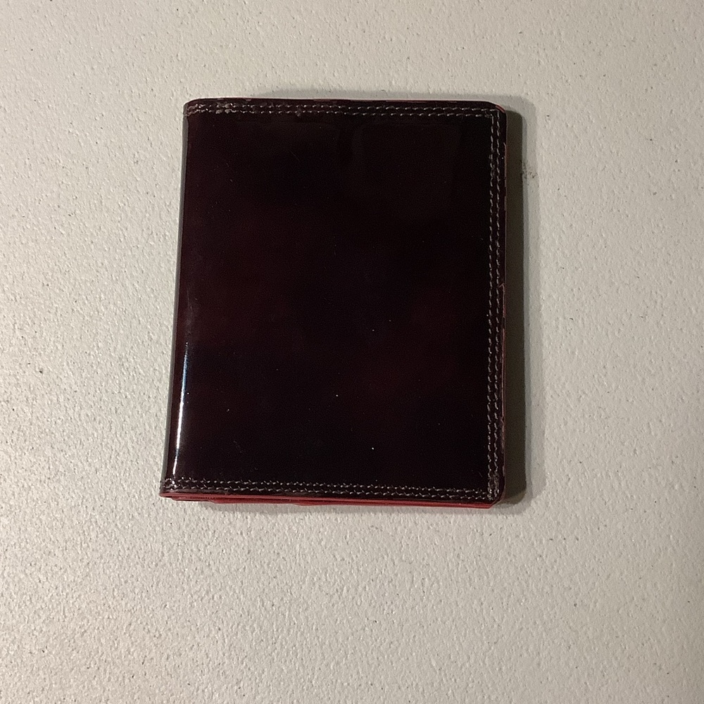 Remo Tulliani dark burgundy patent leather wallet with red trim